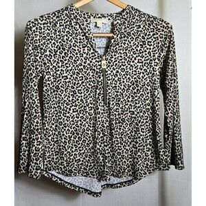 Michael Kors Leopard Animal Print 3/4 Roll Tab Sleeve Zip Shirt Blouse Size M